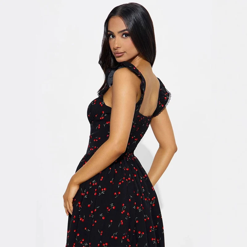 Damen Sommerkleid mit verspieltem Kirschmuster und Spitzenakzenten Nord Taschen