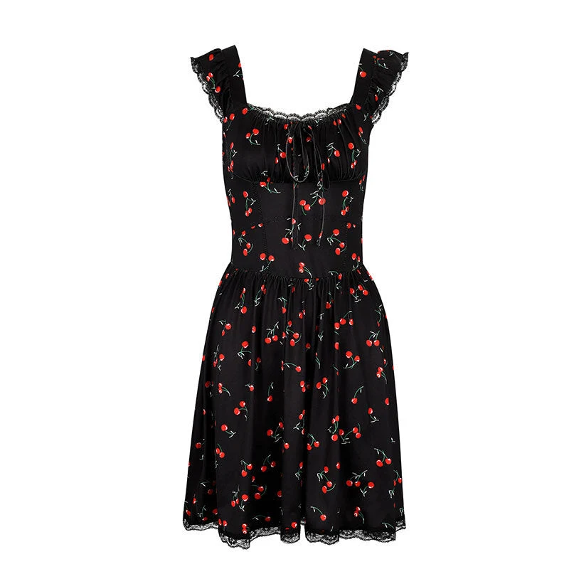 Damen Sommerkleid mit verspieltem Kirschmuster und Spitzenakzenten Nord Taschen