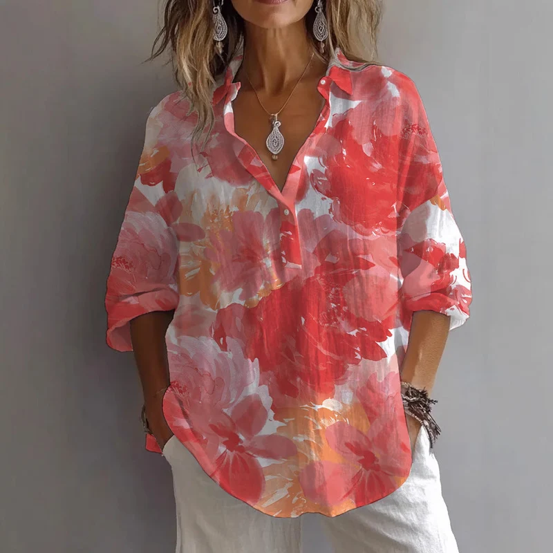 Damen lässige Bluse mit floralem Musterdruck und Knopfleiste Nord Taschen