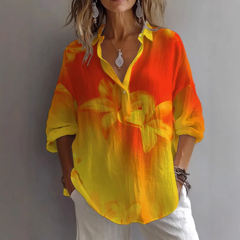 Damen lässige Bluse mit floralem Musterdruck und Knopfleiste Nord Taschen