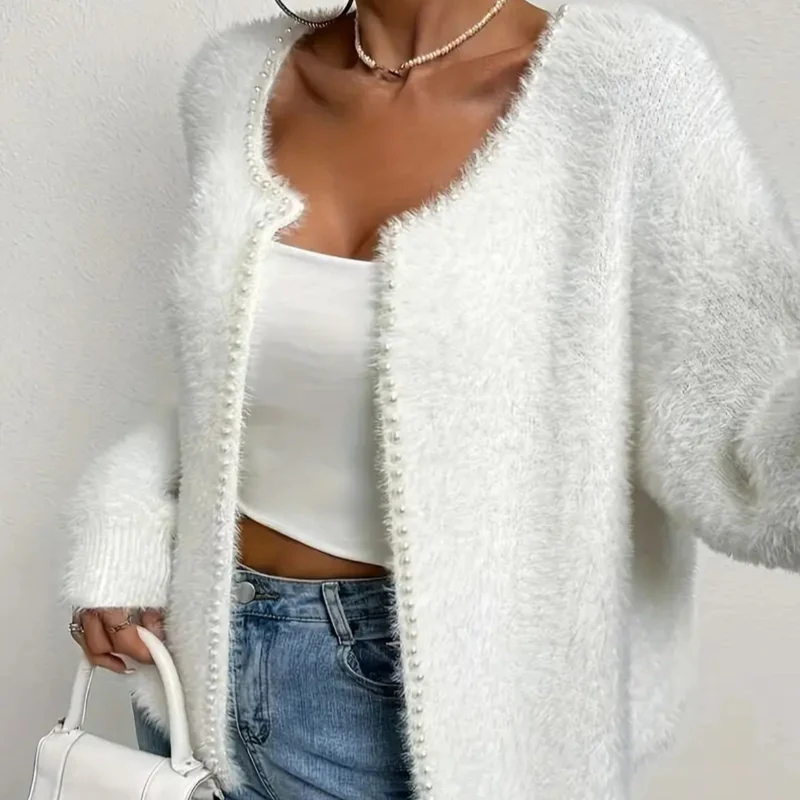 Damen Flauschiger Cardigan mit Perlknöpfen und lässigem Schnitt