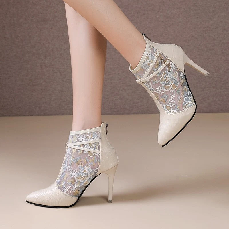 Damen Elegante High Heel Stiefeletten mit transparentem Spitzendesign