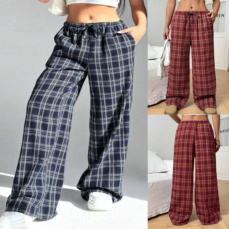 Damen Weite Karohose mit elastischem Bund und praktischen Taschen