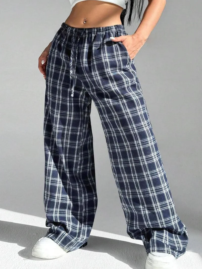 Damen Weite Karohose mit elastischem Bund und praktischen Taschen