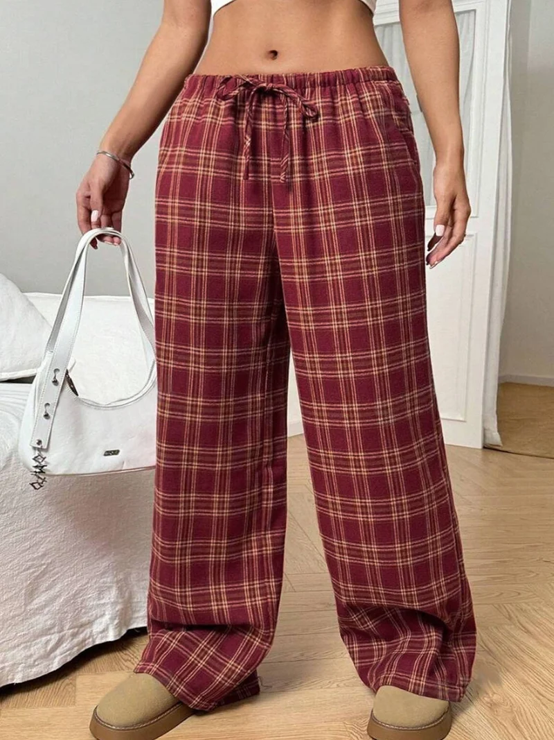 Damen Weite Karohose mit elastischem Bund und praktischen Taschen