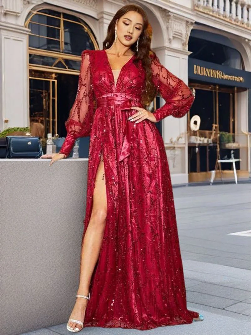 Damen Glamouröses Abendkleid mit schimmernden Pailletten und tiefem Schlitz