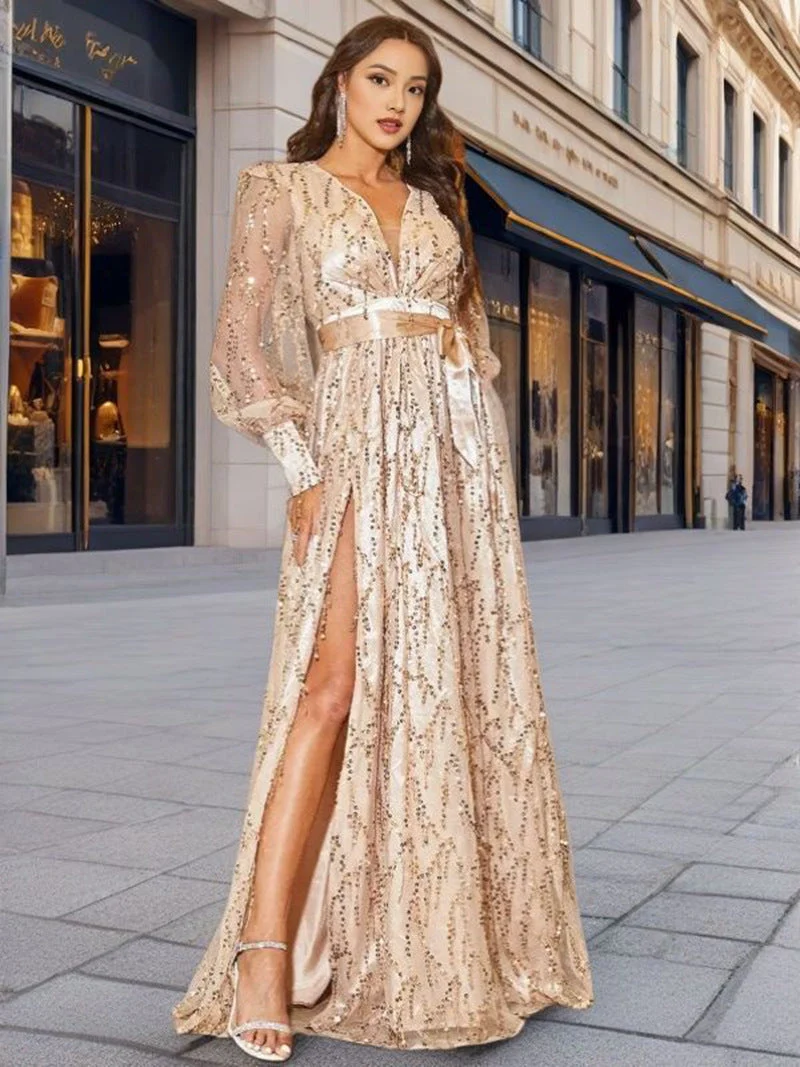 Damen Glamouröses Abendkleid mit schimmernden Pailletten und tiefem Schlitz
