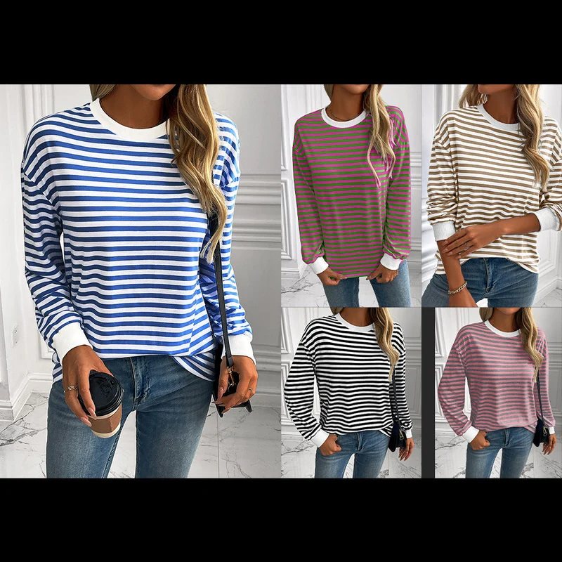 Damen gestreifter Langarm-Pullover mit lässigem Schnitt