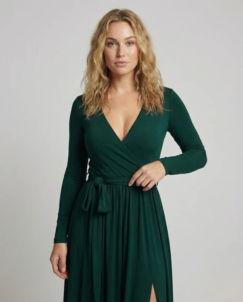 Damen Wickel-Maxikleid V-Ausschnitt Beinschlitz
