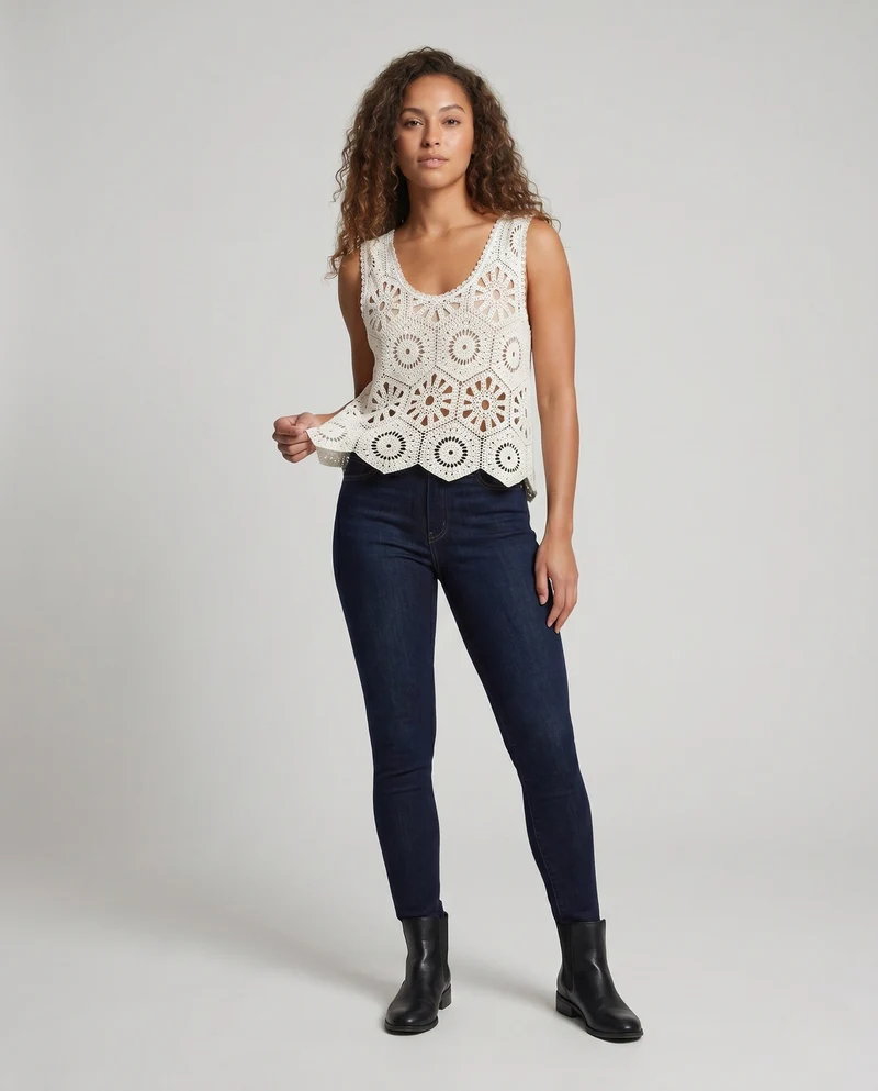 Damen lässiges gehäkeltes Oberteil mit Blumenmuster