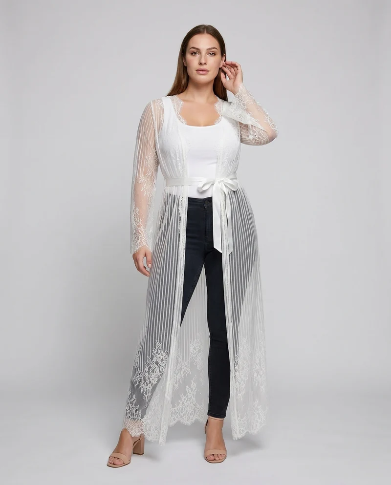 Damen transparente Spitze Kimono mit Bindegürtel