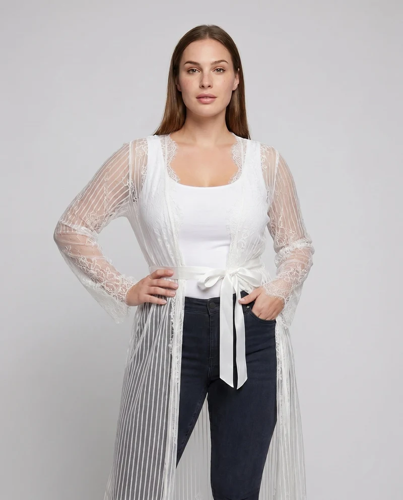 Damen transparente Spitze Kimono mit Bindegürtel