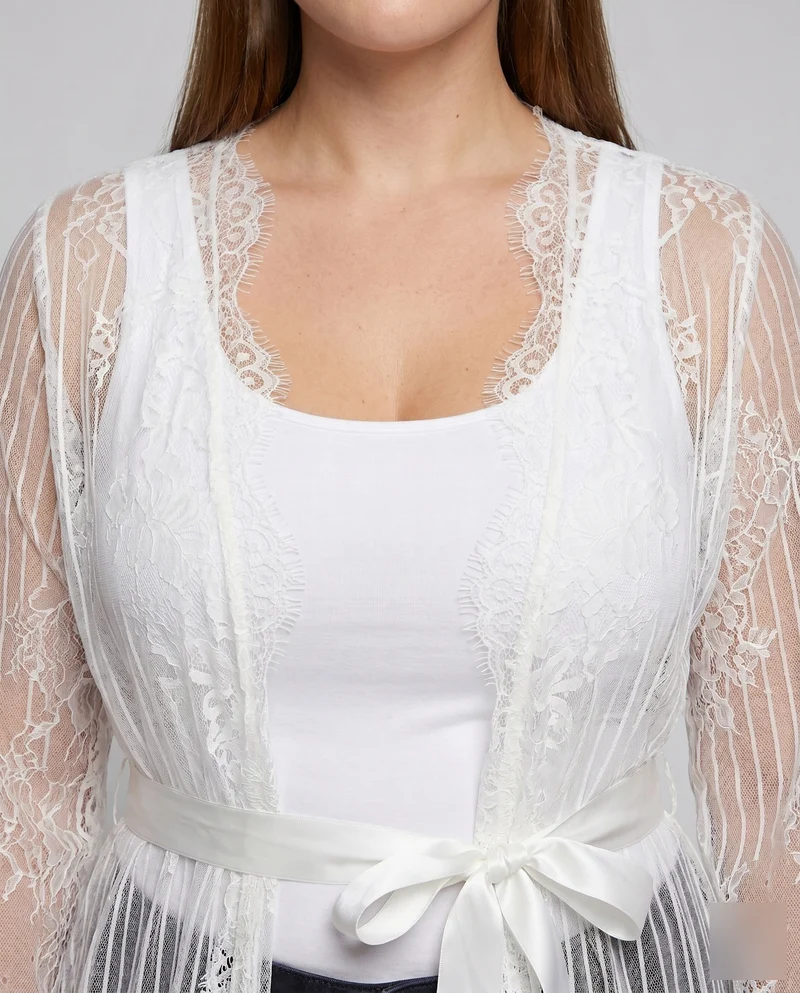 Damen transparente Spitze Kimono mit Bindegürtel