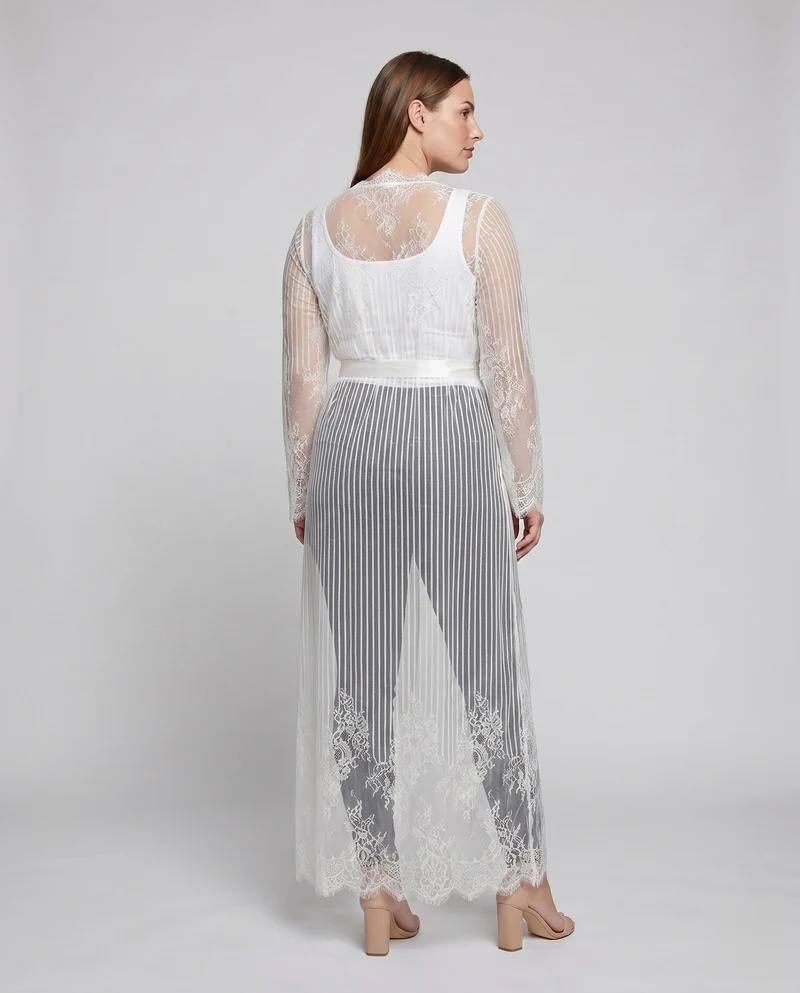 Damen transparente Spitze Kimono mit Bindegürtel