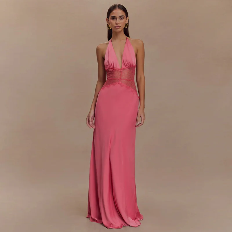Damen Elegantes Maxikleid mit tiefem V-Ausschnitt und zarter Spitzenverzierung