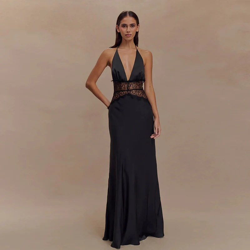 Damen Elegantes Maxikleid mit tiefem V-Ausschnitt und zarter Spitzenverzierung