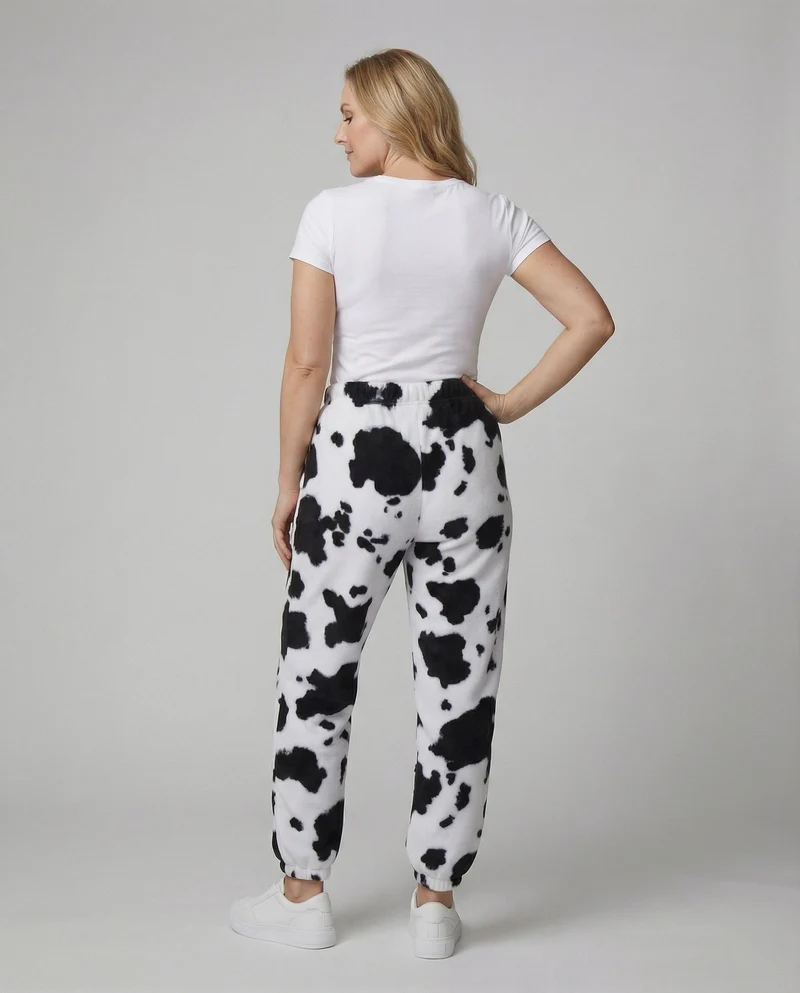 Damen Freizeithose im lässigen Cow-Print-Design mit elastischem Bund und Bündchen