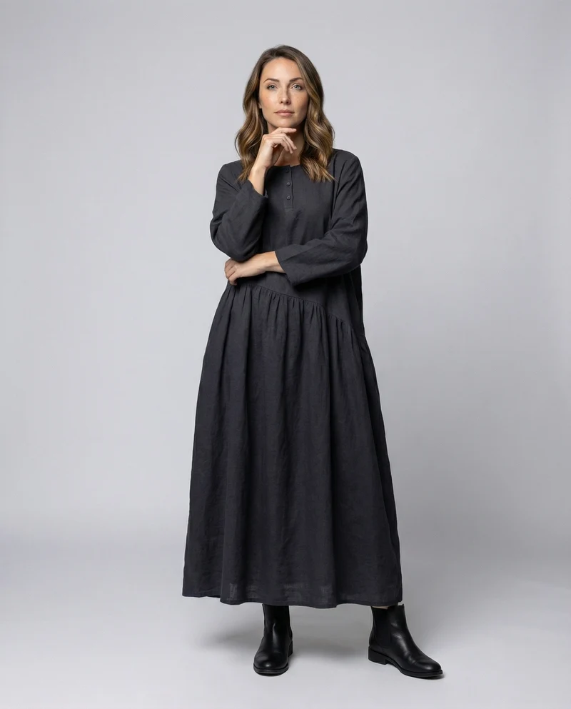 Damen Leinenkleid Geraffte Taillennaht Knöchellang