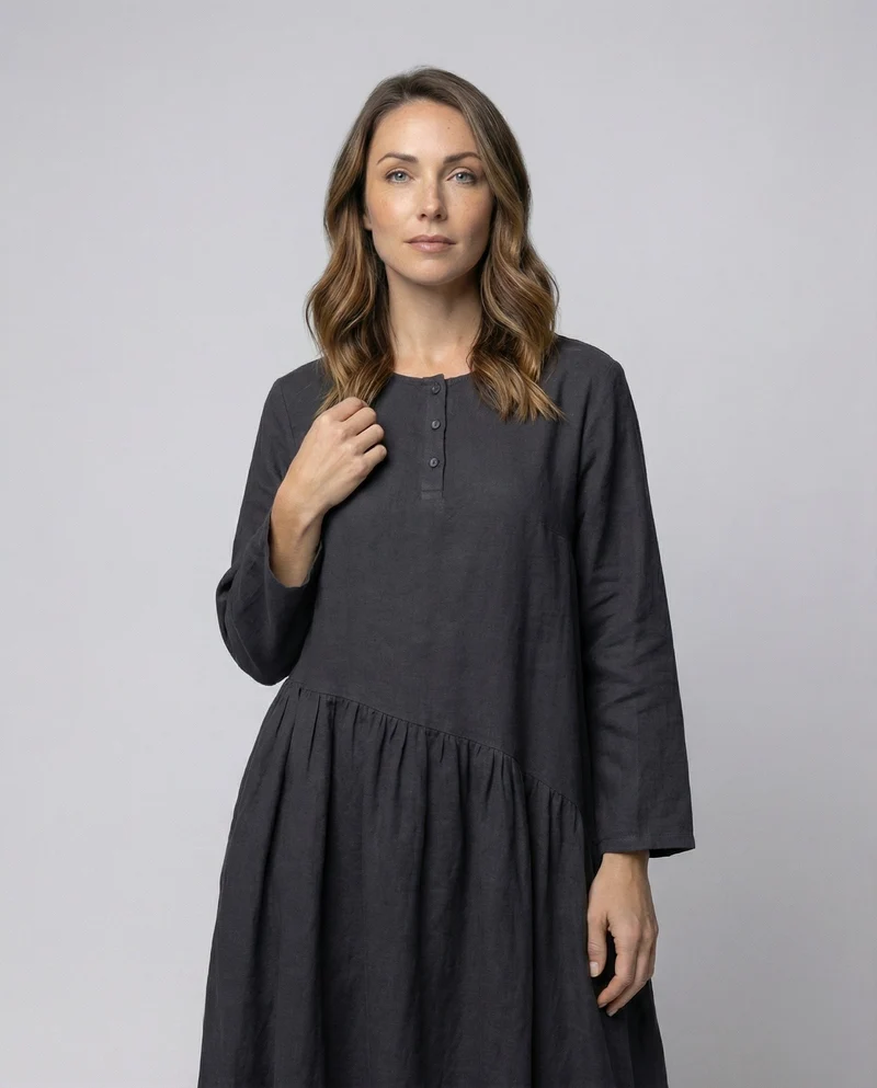 Damen Leinenkleid Geraffte Taillennaht Knöchellang