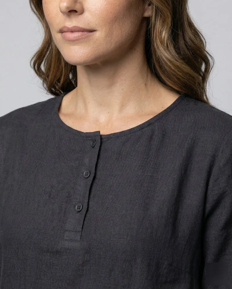 Damen Leinenkleid Geraffte Taillennaht Knöchellang