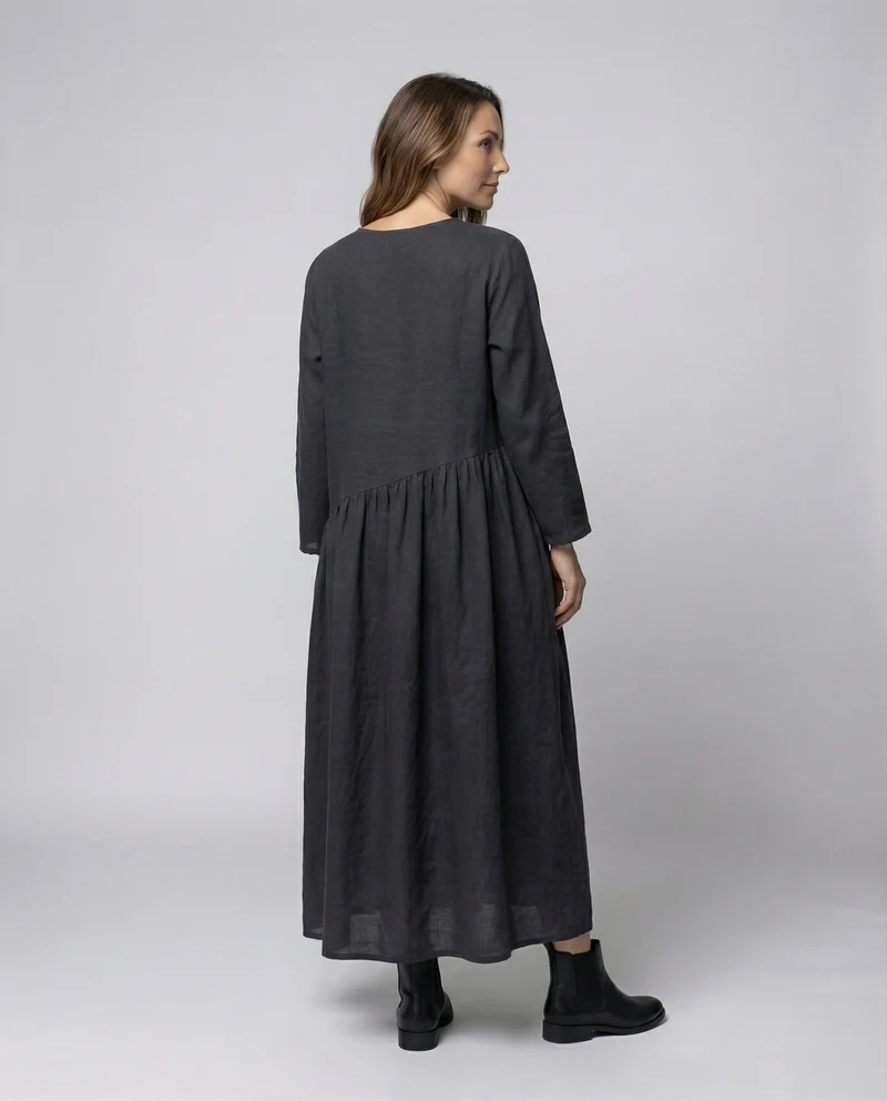 Damen Leinenkleid Geraffte Taillennaht Knöchellang