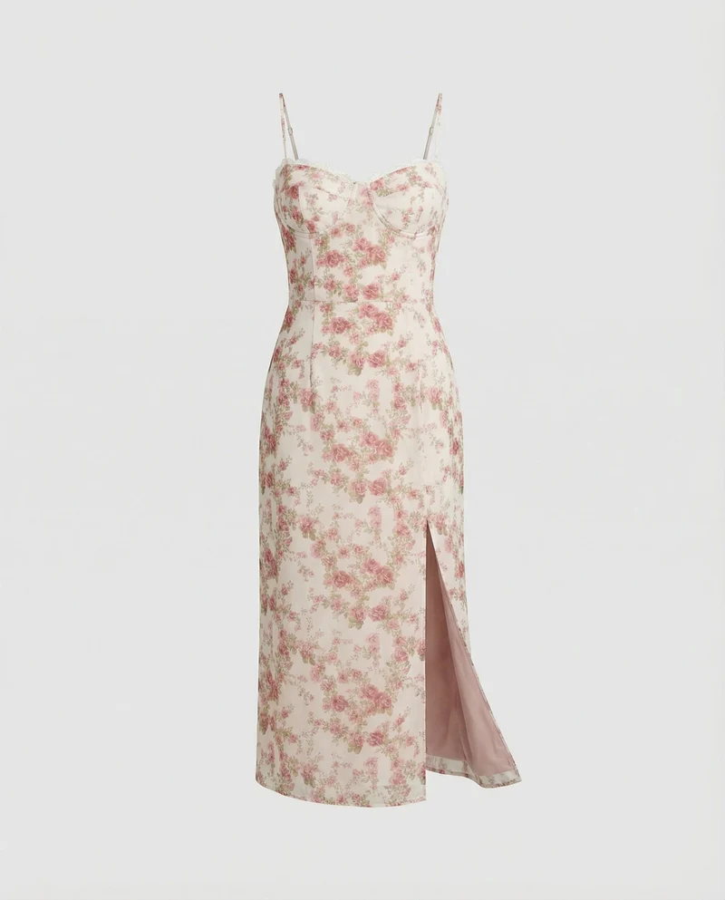 Damen Blumenkleid mit Plissee-Rock und Schlitz