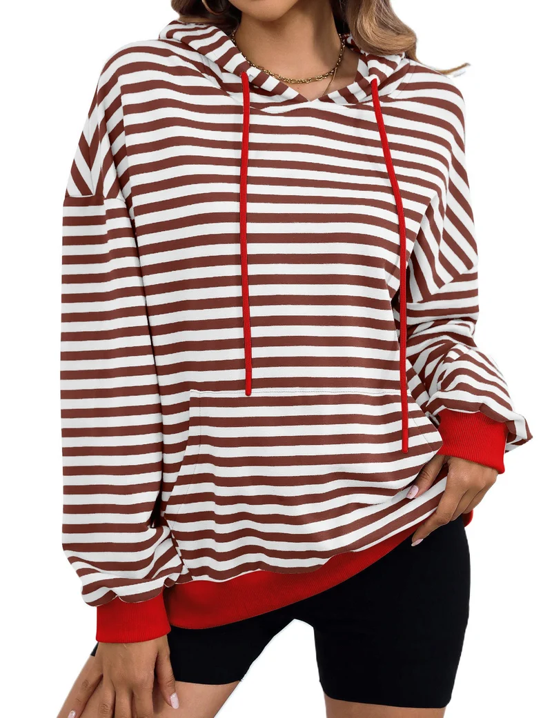 Damen gestreifter Kapuzenpullover mit stylischer Kängurutasche