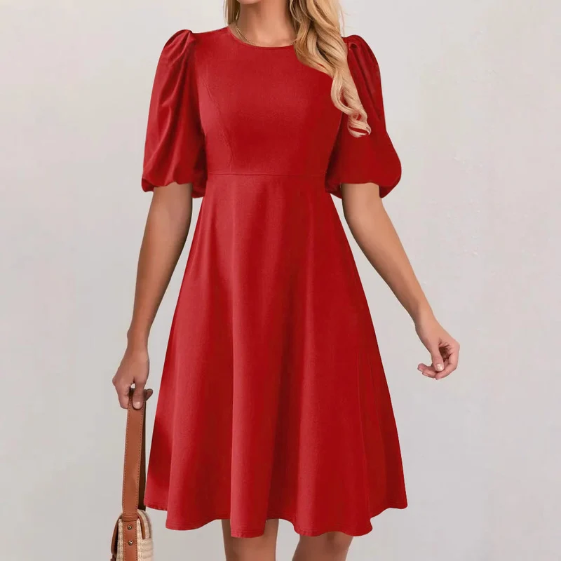 Damen A-Linien Kleid mit voluminösen Puffärmeln