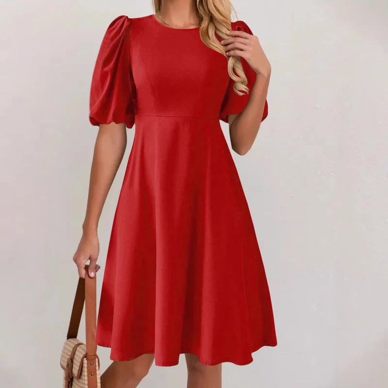 Damen A-Linien Kleid mit voluminösen Puffärmeln