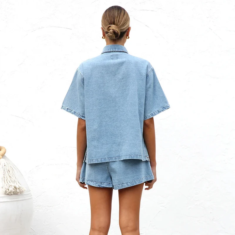 Damen lässige Kurzarm-Jeansbluse mit passender Shorts
