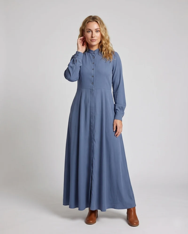Damen Klassische Weiter Tellerrock MischgewNord Taschene Stehkragen-Maxikleid