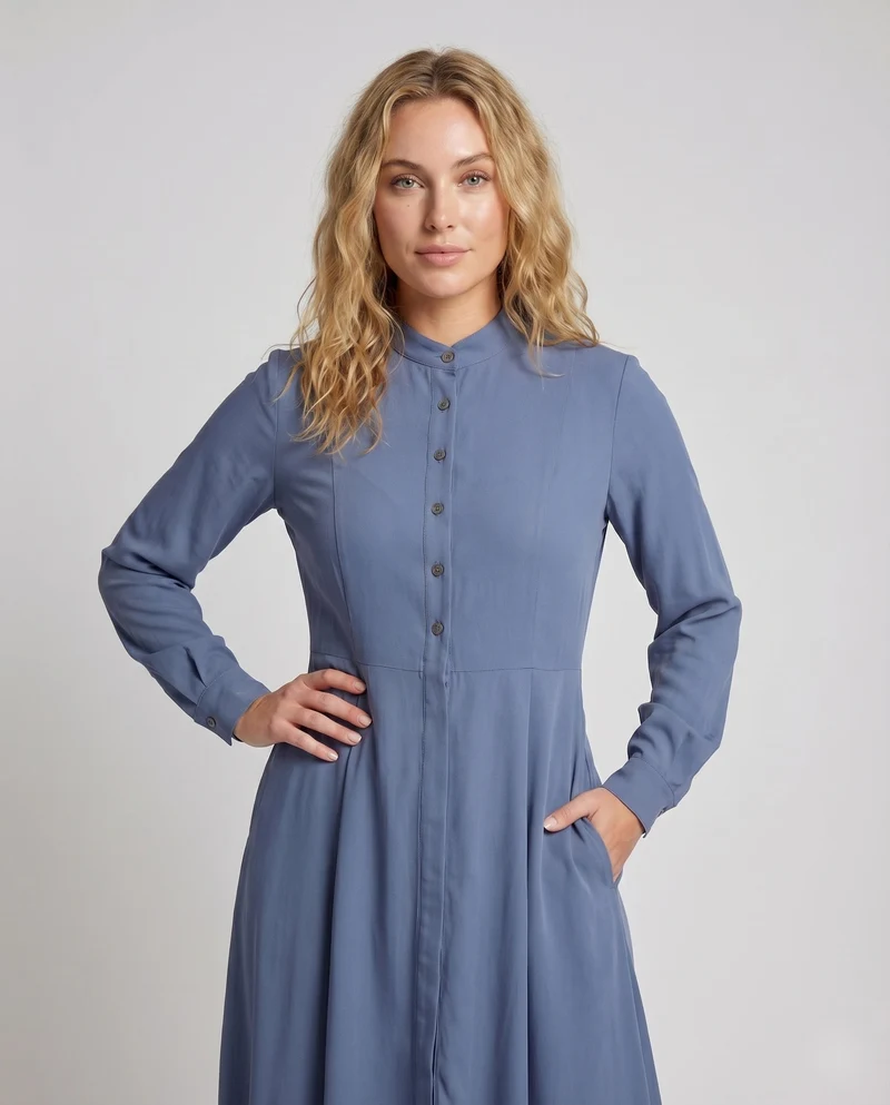 Damen Klassische Weiter Tellerrock MischgewNord Taschene Stehkragen-Maxikleid