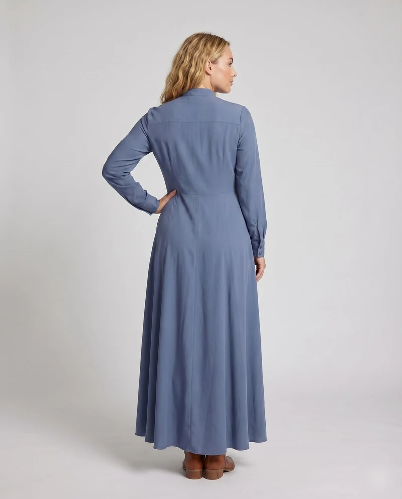 Damen Klassische Weiter Tellerrock MischgewNord Taschene Stehkragen-Maxikleid