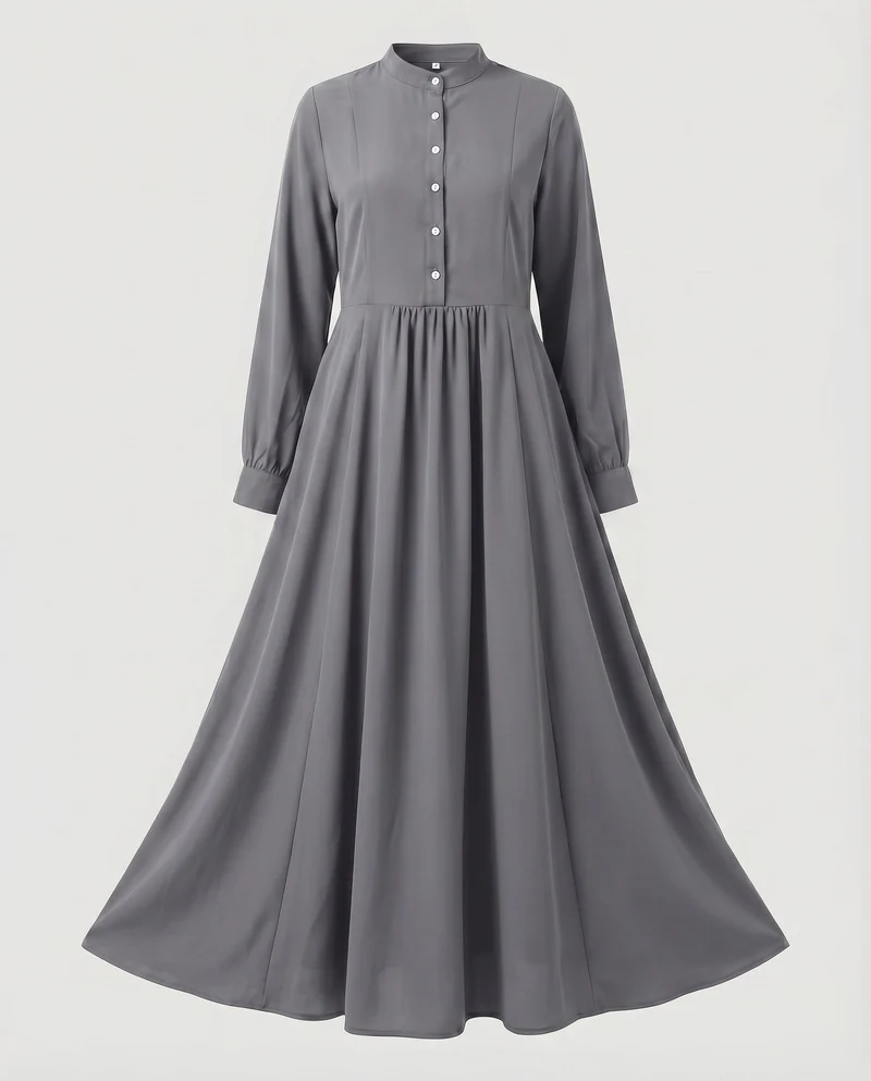 Damen Klassische Weiter Tellerrock MischgewNord Taschene Stehkragen-Maxikleid