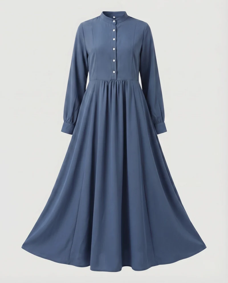Damen Klassische Weiter Tellerrock MischgewNord Taschene Stehkragen-Maxikleid