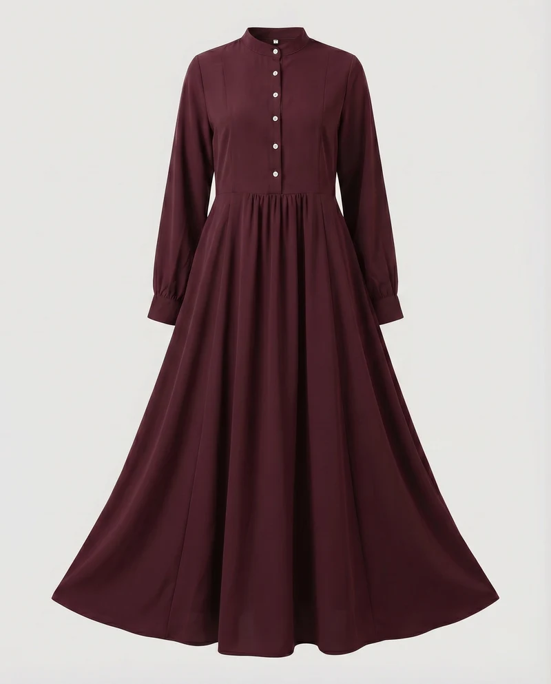 Damen Klassische Weiter Tellerrock MischgewNord Taschene Stehkragen-Maxikleid