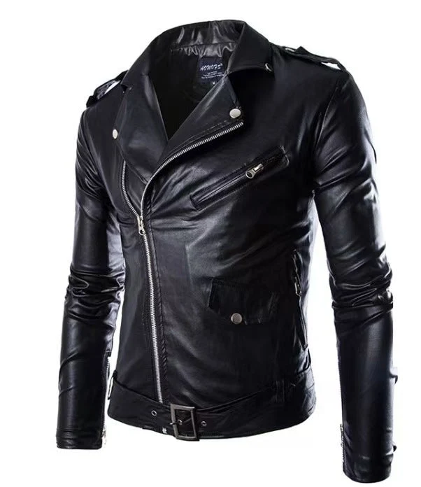Herren Echtes Leder Bikerjacke mit Asymmetrischem Reißverschluss