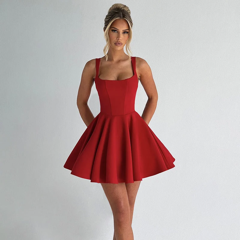 Damen zeitloses A-Linien Kleid mit Spaghetti-Trägern und schwingendem Rock
