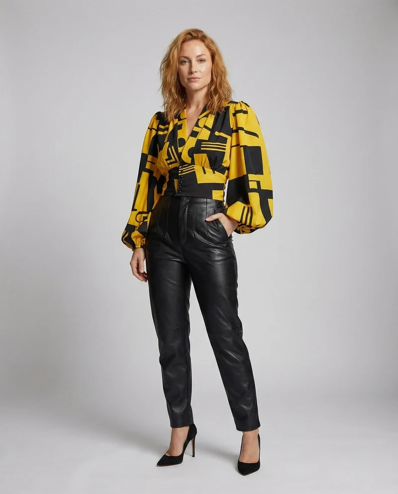 Damen Satinbluse Tailliert Geometrisch V-Ausschnitt