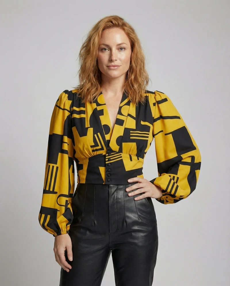 Damen Satinbluse Tailliert Geometrisch V-Ausschnitt