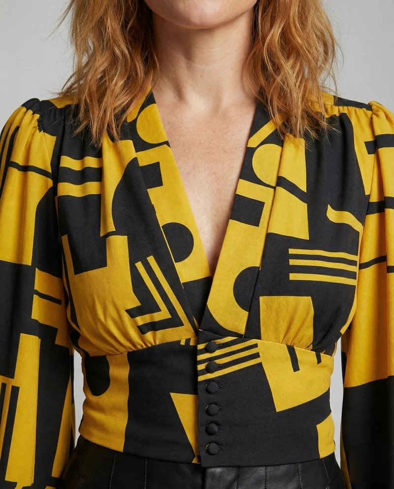 Damen Satinbluse Tailliert Geometrisch V-Ausschnitt