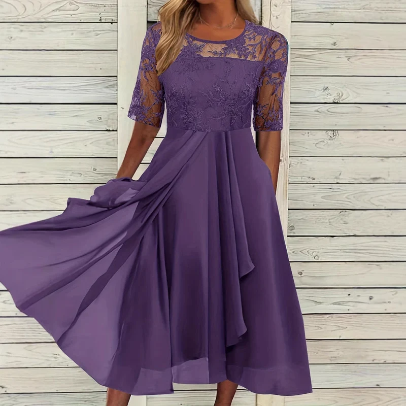 Damen Elegantes Midikleid mit Spitzenärmeln und schwingendem Rock