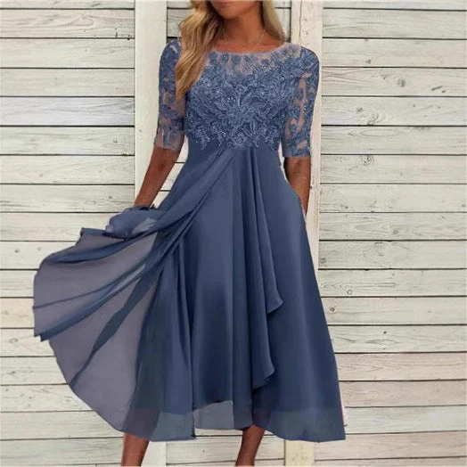 Damen Elegantes Midikleid mit Spitzenärmeln und schwingendem Rock