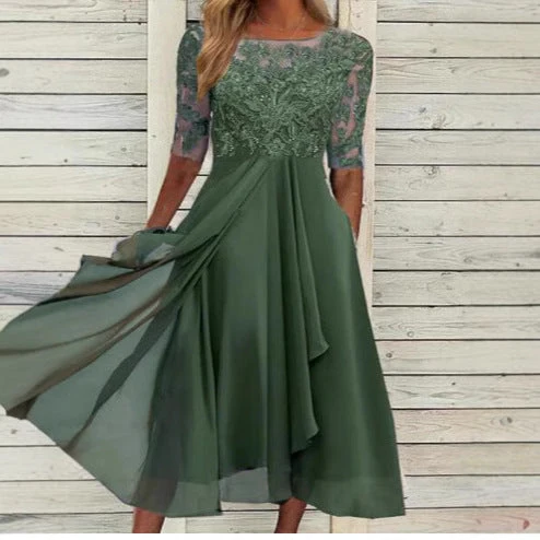 Damen Elegantes Midikleid mit Spitzenärmeln und schwingendem Rock