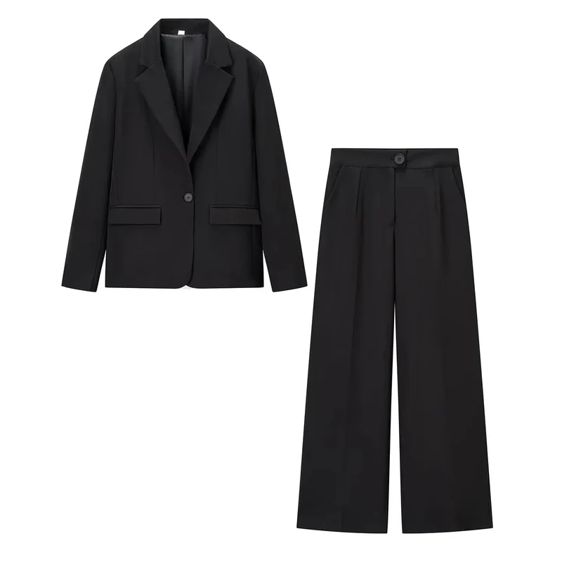 Damen elegantes Anzug-Set mit tailliertem Blazer und weit geschnittenen Hosen