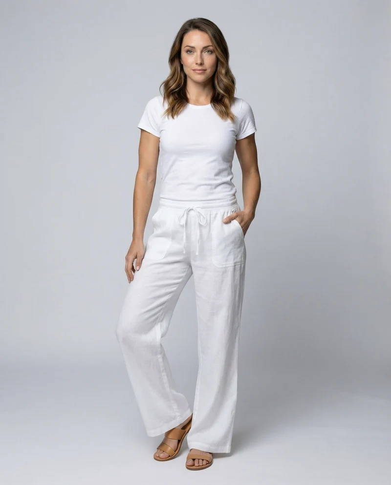 Damen luftige Leinenmix-Palazzohose mit Kordelzug