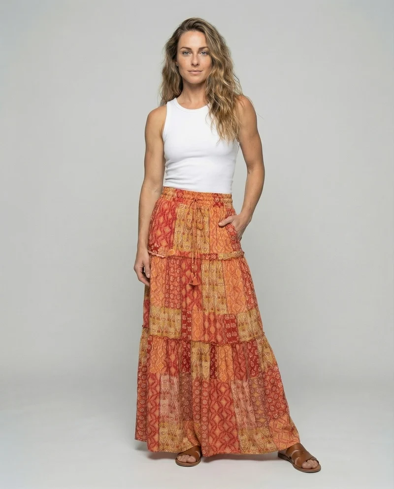 Damen Boho-Maxirock mit elastischem Smokbund