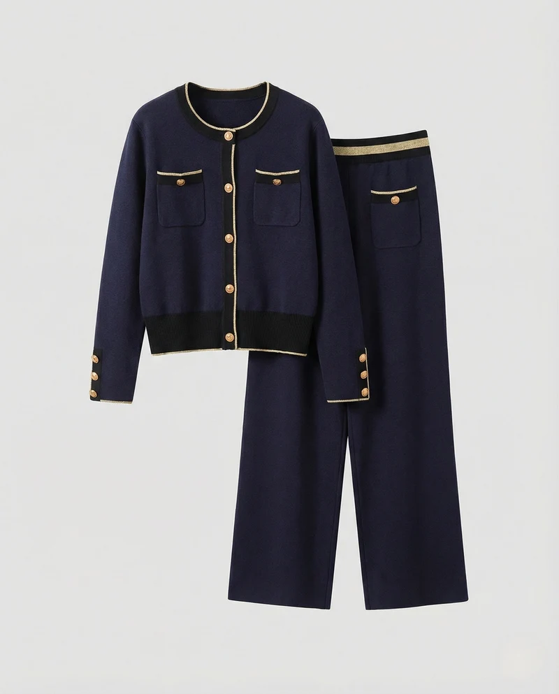 Edles Strick-Zweiteiler mit kurzem Knopfcardigan und hochtaillierter Weitbein-Hose