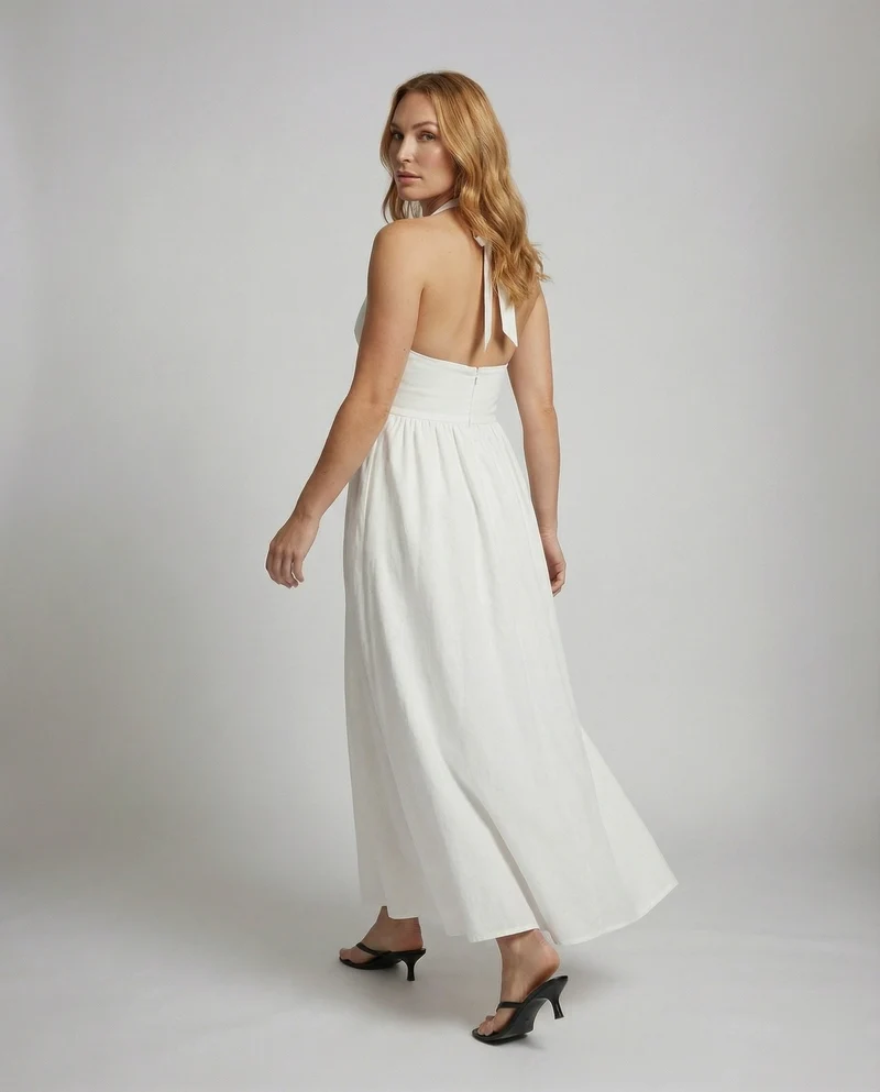Damen Lange Miederpasse Leinenmix-Maxikleid