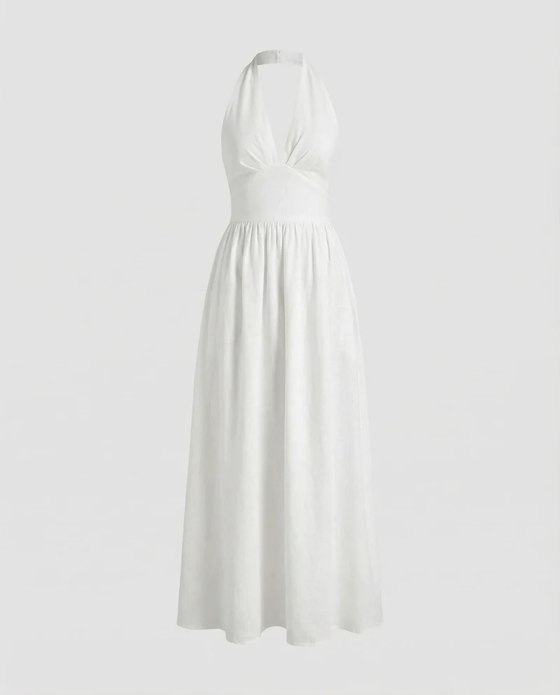 Damen Lange Miederpasse Leinenmix-Maxikleid
